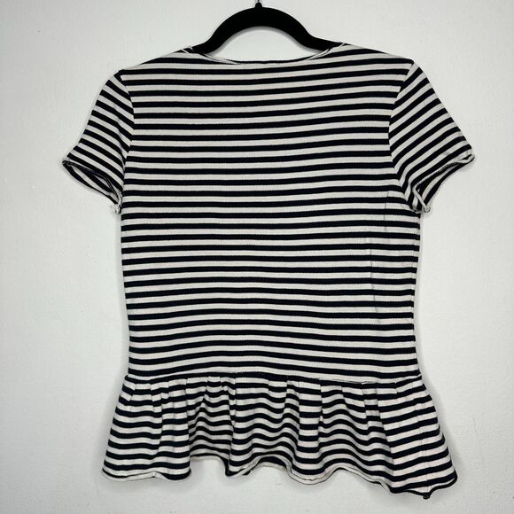 MNG Mango Black White Stripe I Do What Makes Me Happy Short Sleeve Ruffle Tee SM - Picture 8 of 9